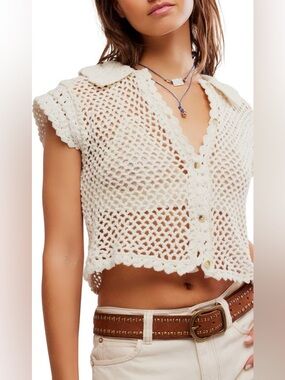 Free People “Lily” Crochet Collared Open Knit Button Front Cropped Cardigan Sz S